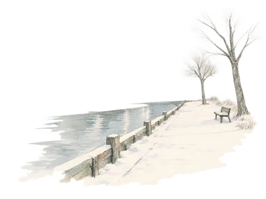 2010年公開のダネ川の冬写真を参考に、右岸の雪の遊歩道、木製の河岸縁、ベンチと落葉樹を部分図にした水彩。船や煙突、背景の建物は省略。