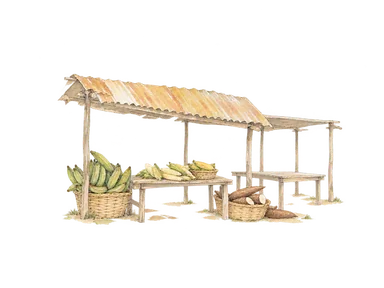 農産物市場の屋根付き売り場と作物を表す概念画。特定の市場建築の再現ではない。