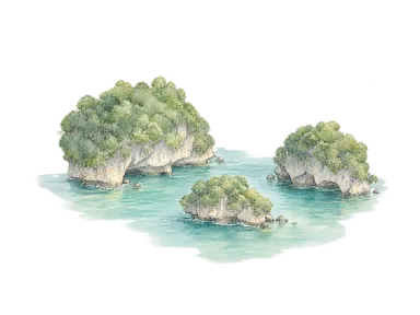 丸い石灰岩の島々と海で南ラグーンの地理を表す概念画。特定の島や実際の眺望、海図の再現ではありません