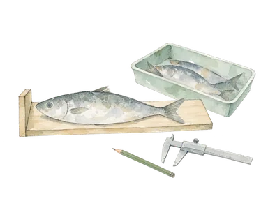 魚と測定道具で市場資料の収集を表す概念画。特定の魚種、調査個体やJR5市場の実際の設備の再現ではありません