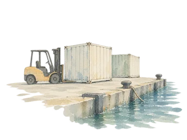 コンテナと小型フォークリフトで港の荷役を表す概念画。マラカル港の実際の機械や岸壁配置の再現ではありません