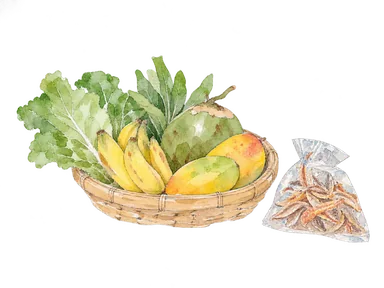中央市場の食料品を表す、一般的な野菜と果物、干物袋を載せた籠の概念画。