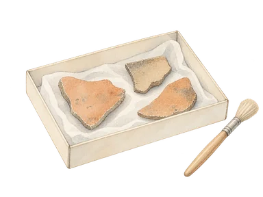 無地の資料箱と土器片の保存を示す概念画。特定の収蔵品の再現ではない