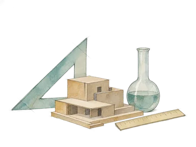 建築模型と簡単な実験器具で技術教育を表す概念画。大学の特定建築や実習設備の再現ではありません。