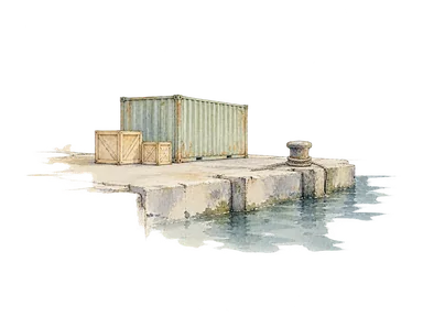 一般的な岸壁の縁、コンテナ一基と荷物の箱、短い係船索を描く荷役の概念画。実在の港配置・設備数・船型・現在の工事状況を再現しない。