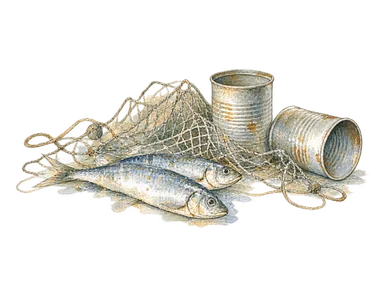 魚、折り畳んだ網、無地の缶を描いた漁業と缶詰産業史の概念画