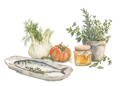 魚、野菜、蜂蜜の瓶と香草の鉢を描いた市場の概念画。特定の店や棚ではない