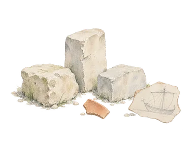 古代の石材と船の線刻という題材を示す概念画。描かれた石片や船の絵は実際の出土品の再現ではありません。