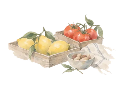レモンやトマト、ナッツの売場を描いた概念画。公共市場内の特定店舗の再現ではありません。