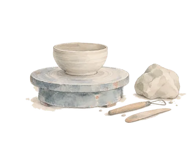 ろくろ上の器と粘土、成形道具を描いた陶芸の概念画。特定工房や作品の再現ではありません。