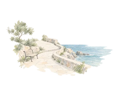 海沿いの歩行路とベンチを描いた概念画。ラルナカの特定区間の形状を再現したものではありません。