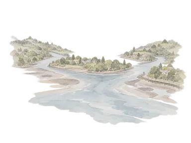 二つの川と広い河口水面、低い家並みでローンセストンの合流地理を表す概念画。実際の河道、地図、遊歩道や建築の配置を再現したものではありません