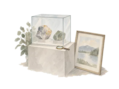 鉱物の展示ケースと架空の小さな風景画で博物館と美術の分野を表す概念画。QVMAGの実際の展示品、著作物、先住民の工芸品や館内の再現ではありません