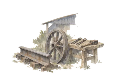 車輪、短いレール、作業台と道具で鉄道工場の仕事を表す概念画。インヴァレスクの実際の保存機械、建物や歴史上の工場内の復元ではありません