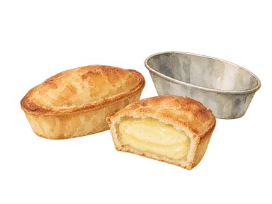 小さな楕円形のクリーム入り焼き菓子と無地の型の概念画。特定店の商品、包装や発祥時の姿を再現していません