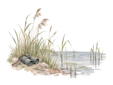 潟湖の自然観察を表す、葦の水辺と双眼鏡の概念画。特定の湖岸配置ではない。