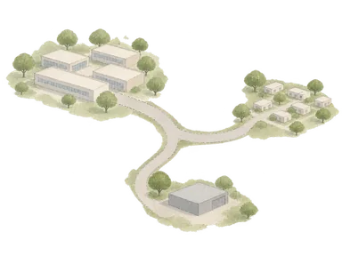 行政・住宅・商業地区を分ける都市計画の概念画。実際の用途地域図や官庁建築、完成状況の再現ではありません。