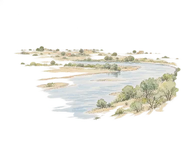 市街の内陸側とザンベジ川の岸を説明する概念画。実際の市域・河道・国境の地図ではない。