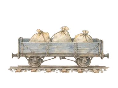 鉄道の貨物輸送を示す袋荷と無標記の貨車の概念画。特定の現役車両や駅構内の再現ではない。
