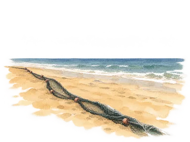 ロメの浜の海と砂地、置いた網を描いた部分水彩。写真の人物は省略