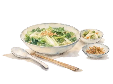コリアタウンの飲食文化を表す、食卓の器と野菜の概念画。
