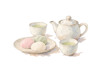 リトル・トーキョーの食文化を表す、茶器と餅菓子の概念画。