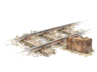 鉄道と人の移動を表す、線路の一部と旅行かばんの概念画。