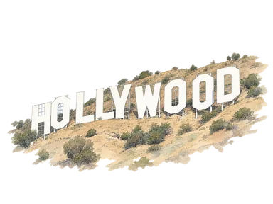 写真を参考に、斜面に並ぶ実物の「HOLLYWOOD」の文字を描いた水彩。
