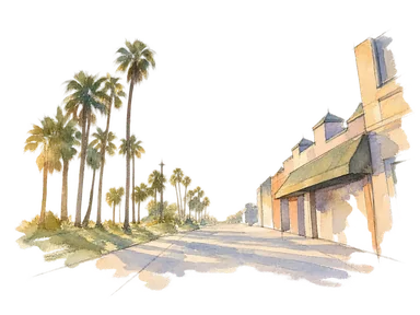 写真を参考に、ベニスの遊歩道のヤシ並木と店のひさしを省略して描いた水彩。