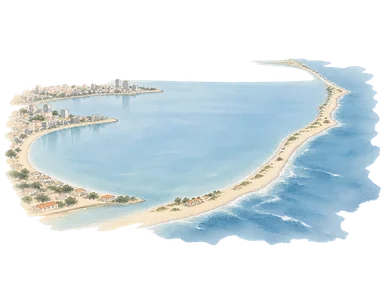 イルハ・ド・カボに守られる湾を一般化した概念水彩。実際の海岸線や建物配置、縮尺を示す地図ではない。
