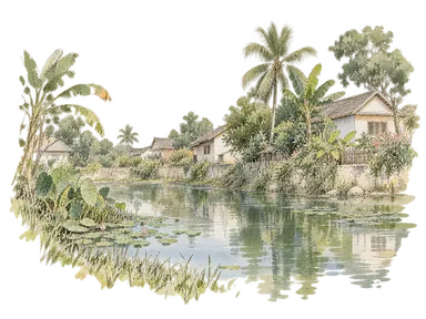 低層の住居と植栽に囲まれた都市の池を表した概念画。特定の池の再現ではありません