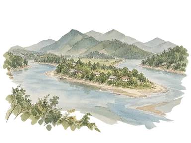 二つの川の合流と半島の街を表した概念画。正確な地図や現在の河岸の再現ではありません