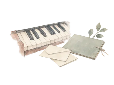 音楽資料の保存を表す、鍵盤の一部、無地の手紙と資料入れの概念画。