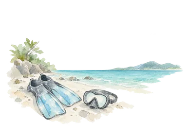一般的な潜水マスクとフィンで海の案内の仕事を表す概念画。沈船の構造、潜水ルートや装備方法を示すものではありません