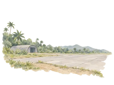 滑走路の小片と一般的な湾曲屋根の倉庫で基地建設を表す概念画。サントの実在施設や1942年の景観の復元ではありません