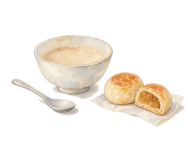 麵茶を表す淡い飲み物の椀と一般的な丸い菓子の概念画。特定の店の商品や鹿港固有の菓子の形状の再現ではありません