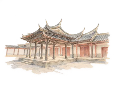 公的観光サイトの林銘尊撮影写真を形状参照し、鹿港龍山寺の中庭の亭と奥の堂を省略して描いた水彩