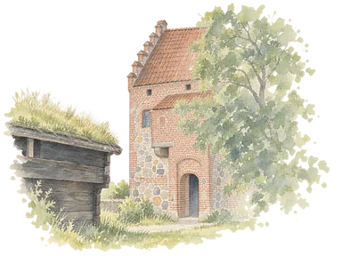 写真を参考に描いた、クルトゥーレンの草屋根と石・煉瓦の建物の見える部分。