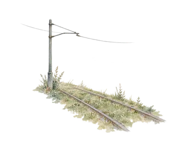 路面電車の交通を表す、短い線路と架線柱の概念画。