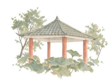 実写真を参照したニュ・グアス公園の灰緑色の屋根と赤い柱の東屋、前景のハスの葉を描いた水彩。公園の一角だけを省略して描いている。