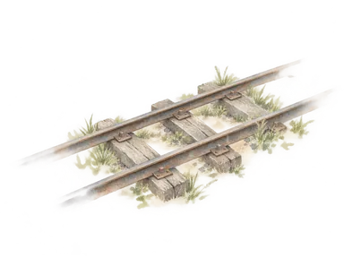 1861年に鉄道が届いた旧駅を題材とする概念的な水彩。特定の実物や史料の再現ではない。