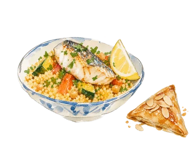 魚のクスクスと三角形の菓子を表す概念画