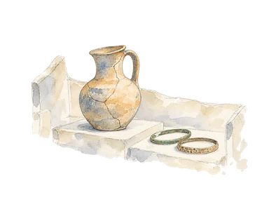 無人物の土器と装身具で収蔵品の種類を表す概念画