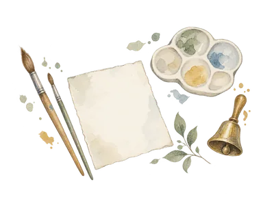 無地の画用紙、二本の筆、控えめな絵具皿と小さな鈴を描く子どもの創作活動の概念画。実施設・人物・子どもの作品・授業風景は再現しない。