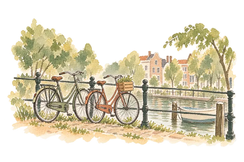 運河沿いの自転車と係留された小舟