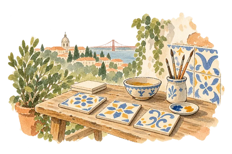 青いタイルと筆の置かれた絵付け工房