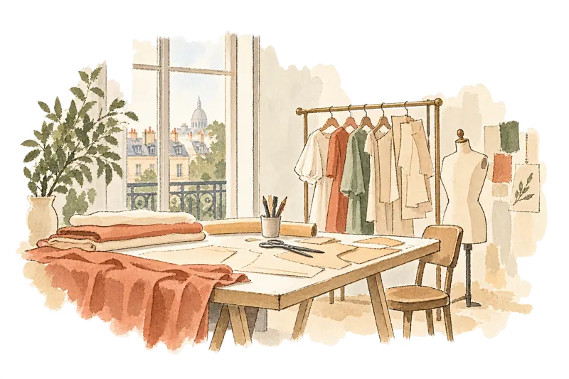 布地と型紙が置かれた服作りのアトリエ