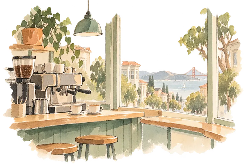 窓辺のあるカフェのカウンターとコーヒー道具