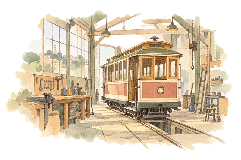線路と工具のある車庫に停まる木造の路面電車