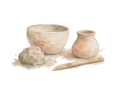 陶器づくりを表す、無名の素焼きの器と粘土、木べらの概念画。